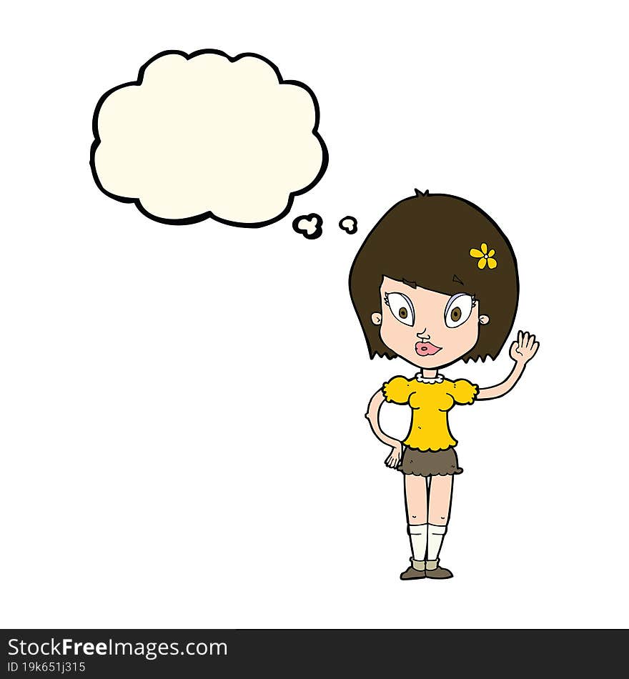 Cartoon Pretty Girl Waving With Thought Bubble