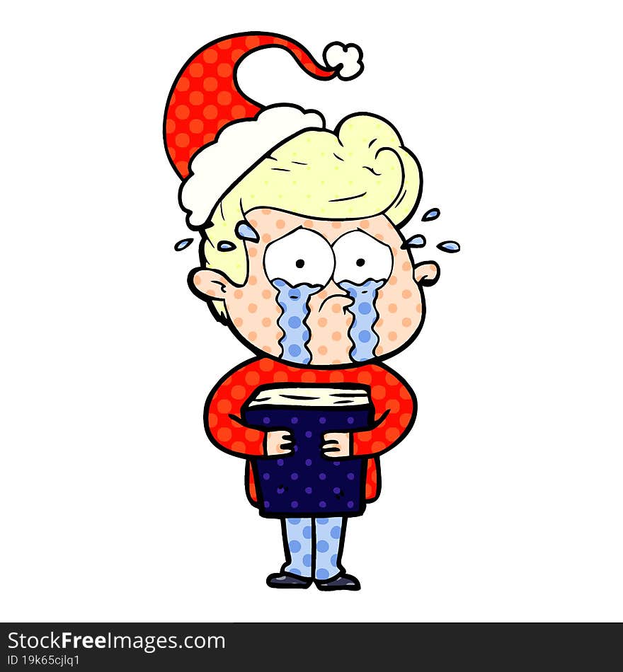 comic book style illustration of a crying man holding book wearing santa hat