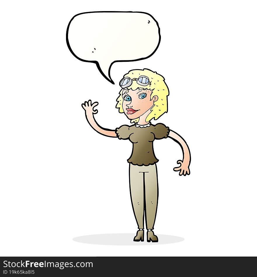 cartoon pilot woman waving with speech bubble