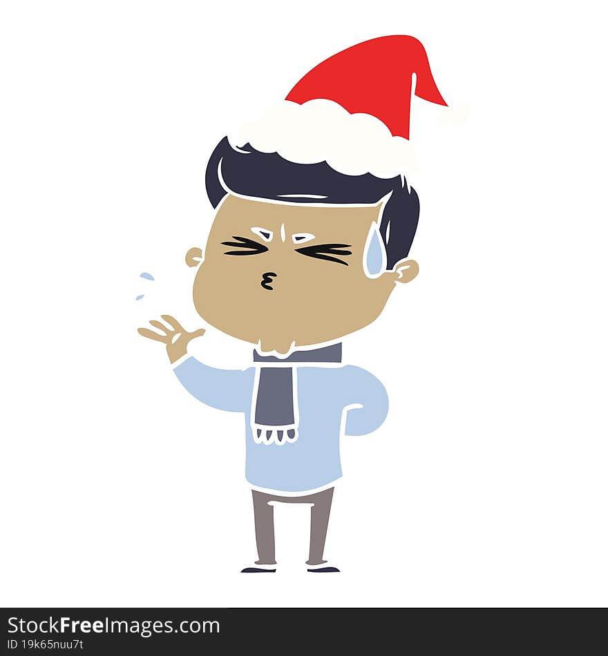 flat color illustration of a man sweating wearing santa hat