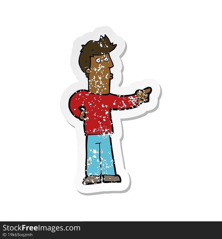 retro distressed sticker of a cartoon curious man pointing