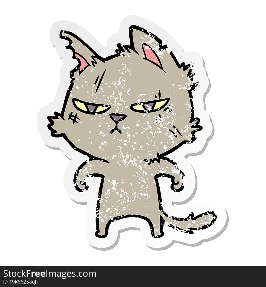 distressed sticker of a tough cartoon cat