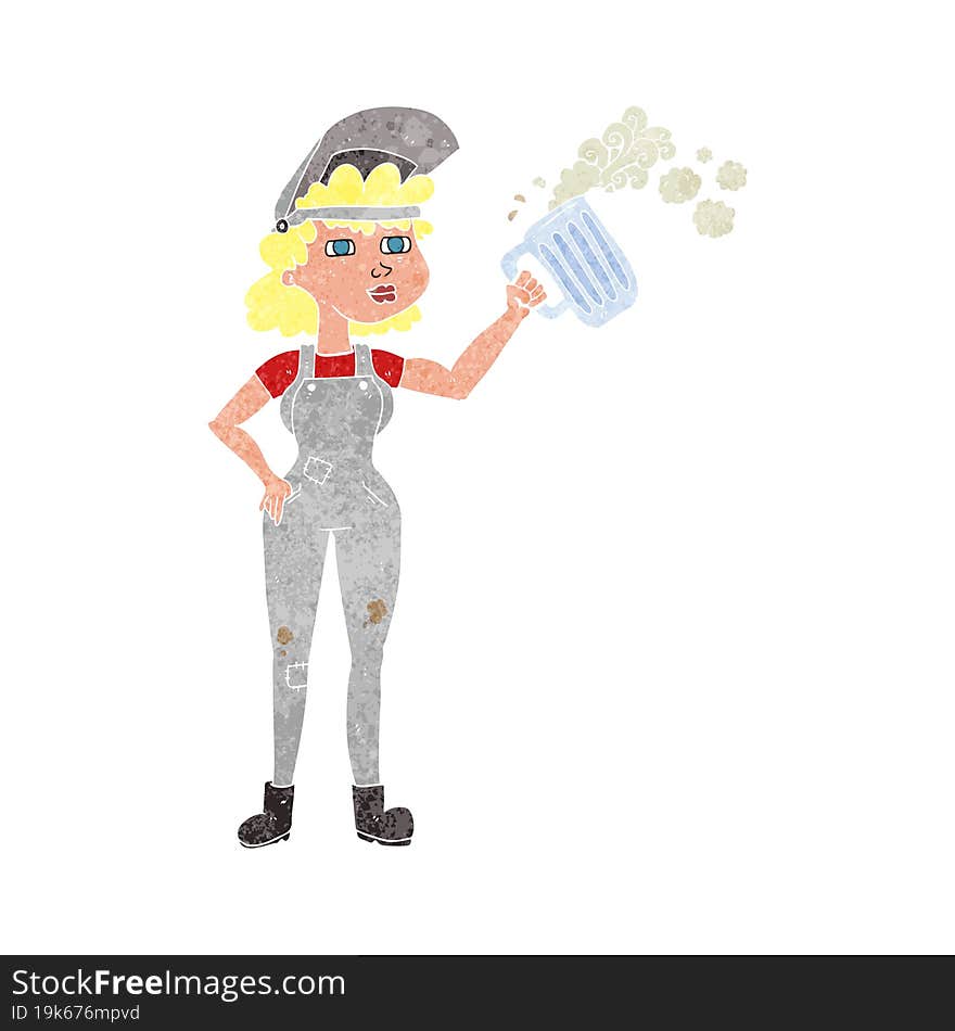 retro cartoon hard working woman with beer