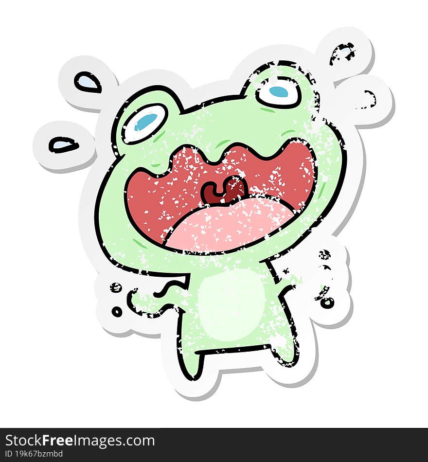 distressed sticker of a cartoon frog frightened