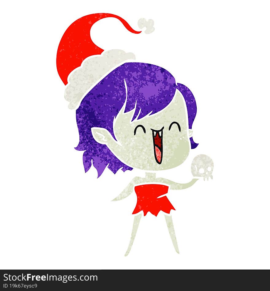 cute retro cartoon of a happy vampire girl wearing santa hat