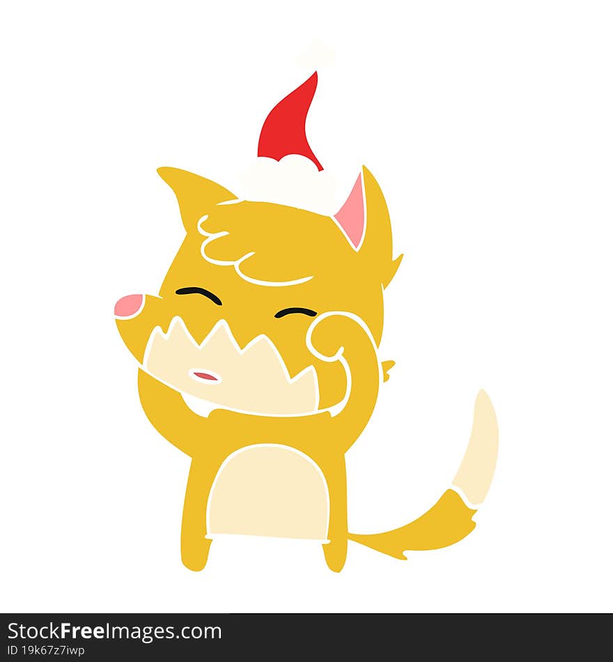 flat color illustration of a fox wearing santa hat