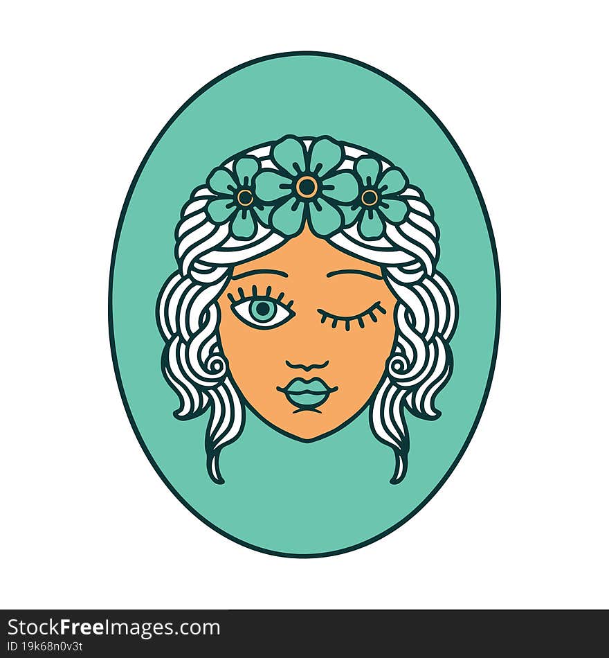 iconic tattoo style image of a maiden with crown of flowers winking. iconic tattoo style image of a maiden with crown of flowers winking