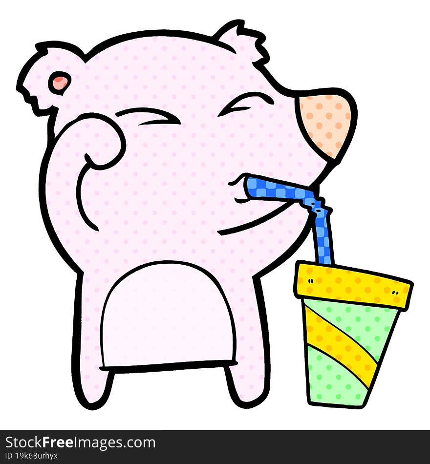 cartoon tired bear rubbing eyes drinking soda. cartoon tired bear rubbing eyes drinking soda