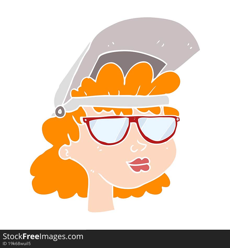 flat color illustration of a cartoon woman with welding mask and glasses