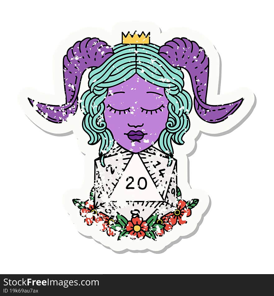 tiefling with natural twenty d20 dice roll grunge sticker