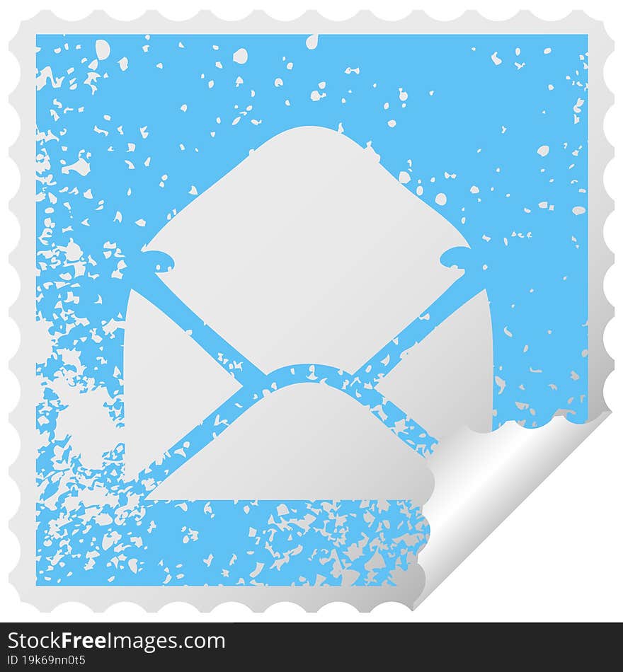 distressed square peeling sticker symbol of a paper envelope