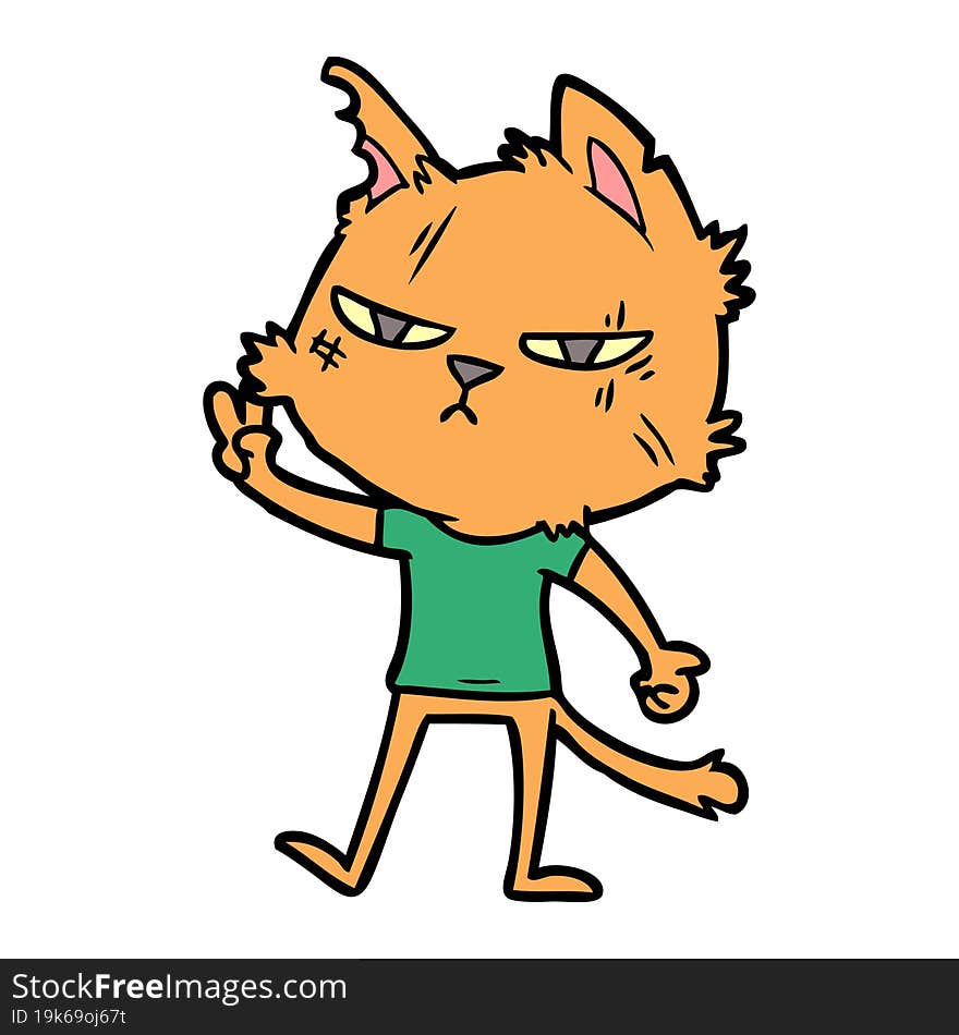 tough cartoon cat giving victory sign. tough cartoon cat giving victory sign