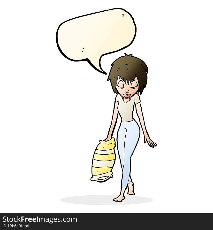 cartoon woman going to bed with speech bubble