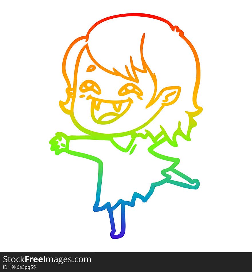 rainbow gradient line drawing of a cartoon laughing vampire girl