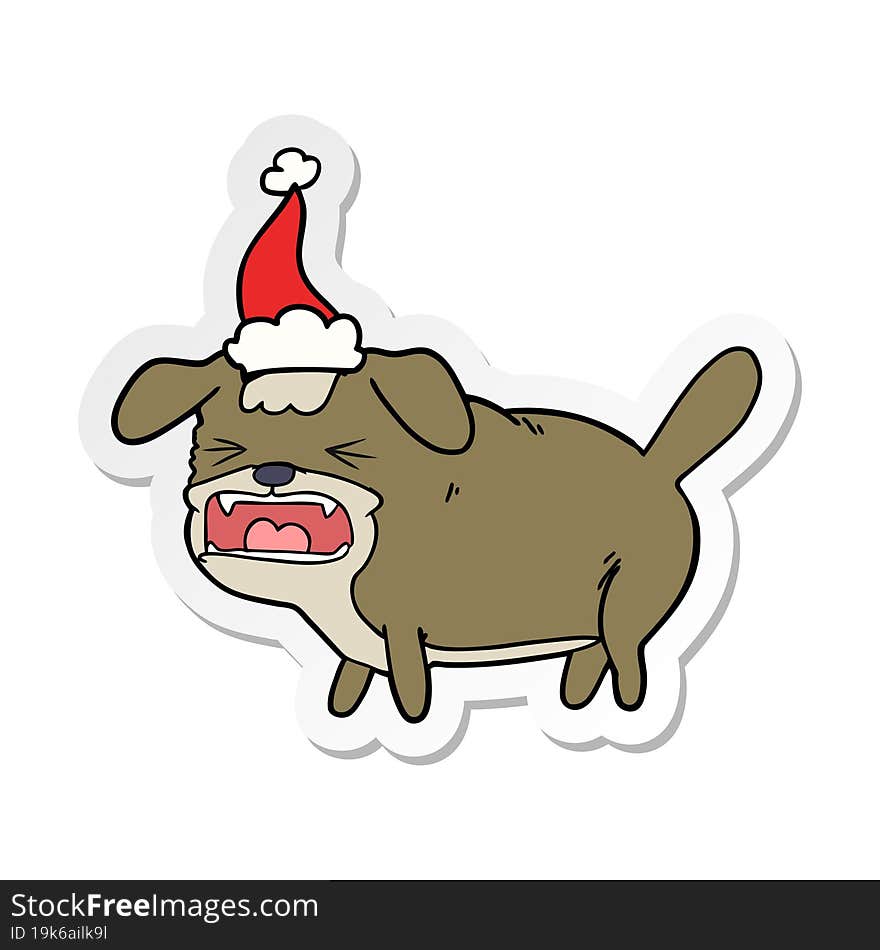 sticker cartoon of a dog barking wearing santa hat