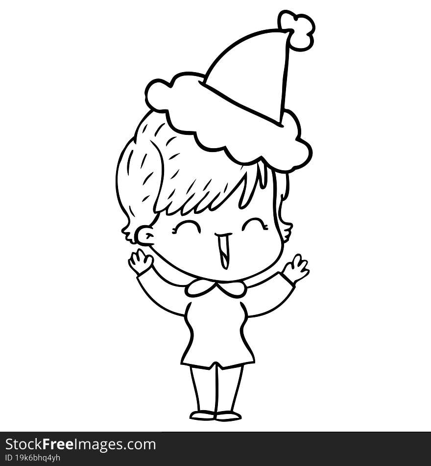 line drawing of a laughing woman wearing santa hat