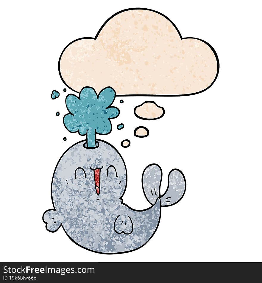 cartoon whale spouting water and thought bubble in grunge texture pattern style