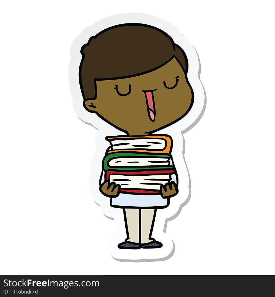 sticker of a cartoon happy boy with stack of books