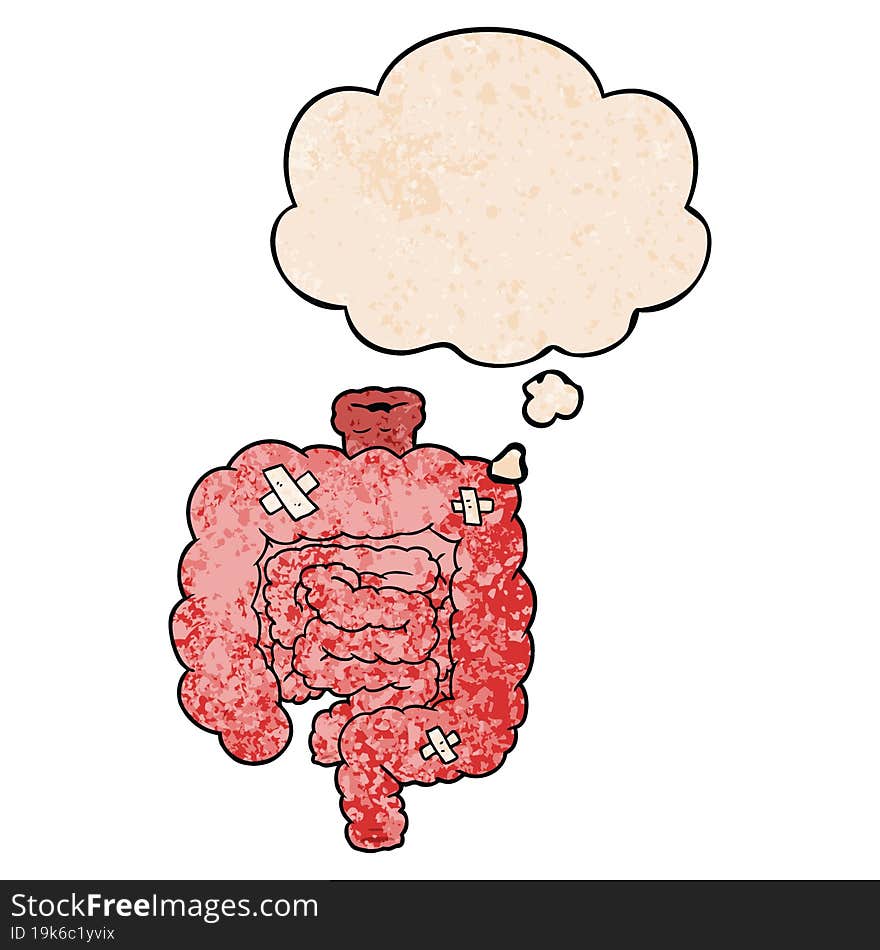 cartoon repaired intestines and thought bubble in grunge texture pattern style