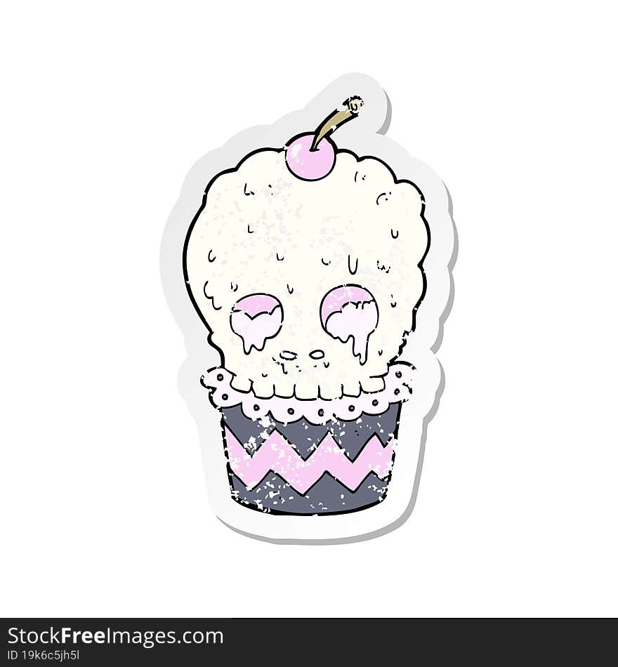 Retro Distressed Sticker Of A Spooky Skull Cupcake Cartoon