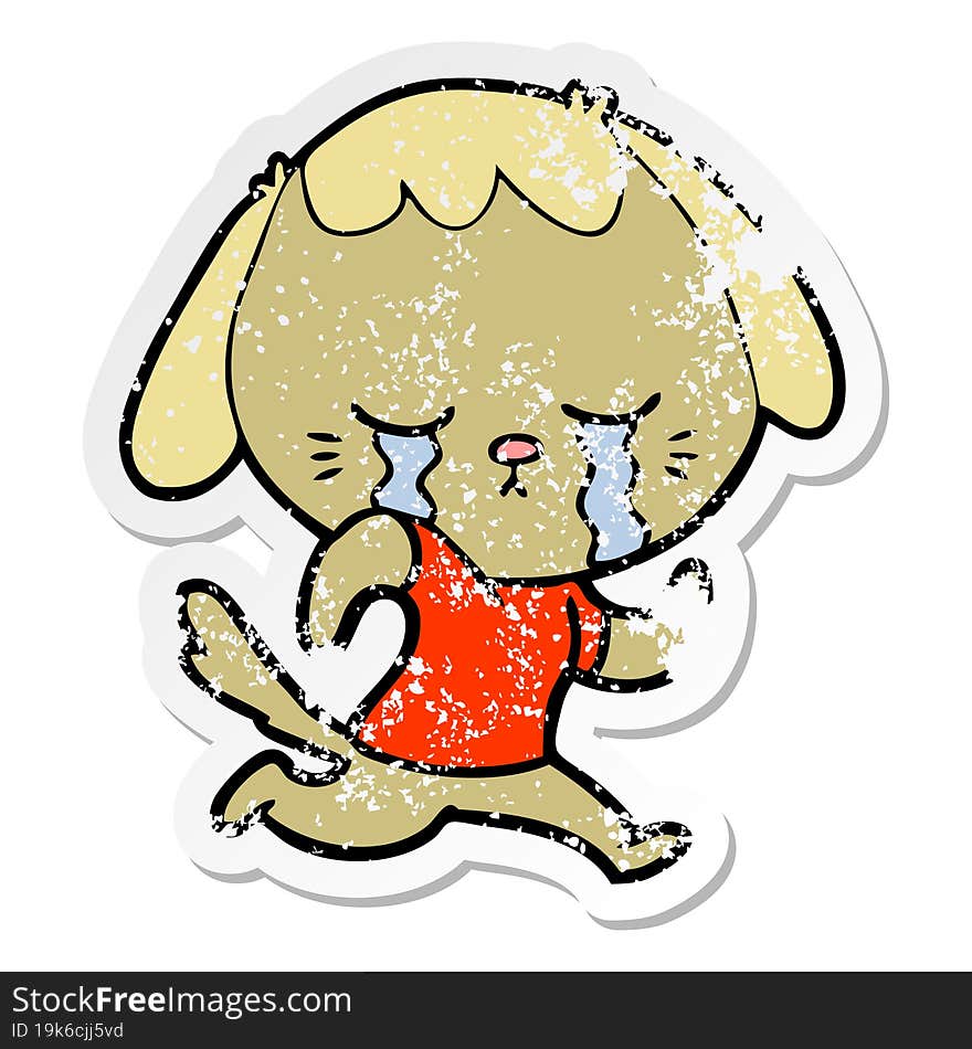 distressed sticker of a cute puppy crying cartoon