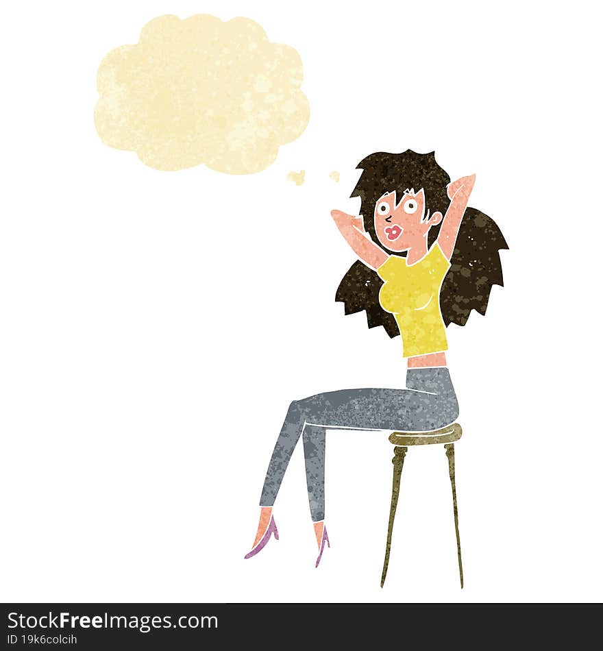 cartoon woman posing on stool with thought bubble