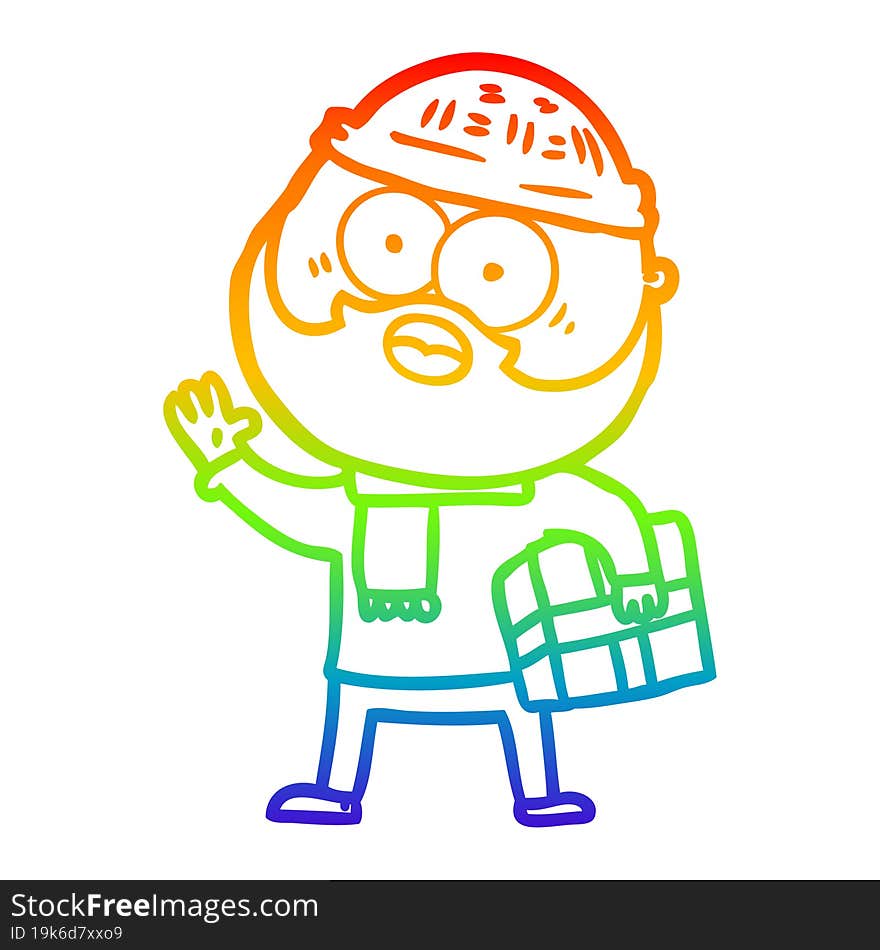 rainbow gradient line drawing of a cartoon bearded man with present