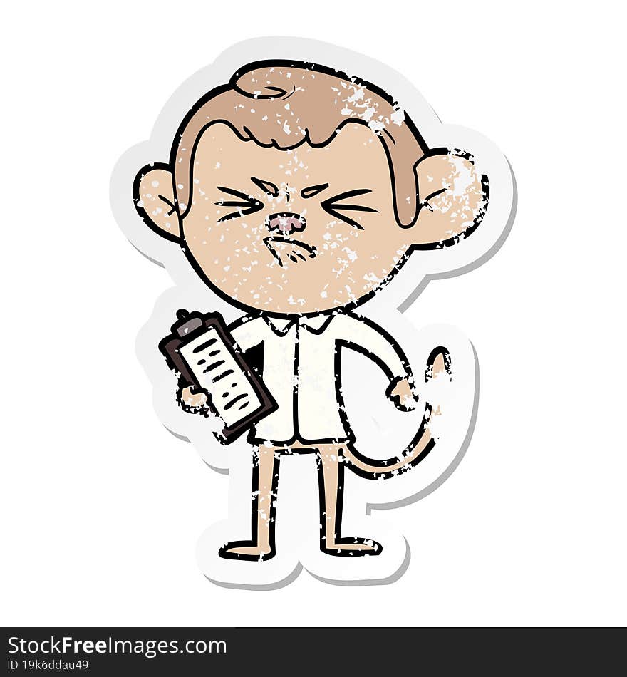 distressed sticker of a cartoon annoyed monkey