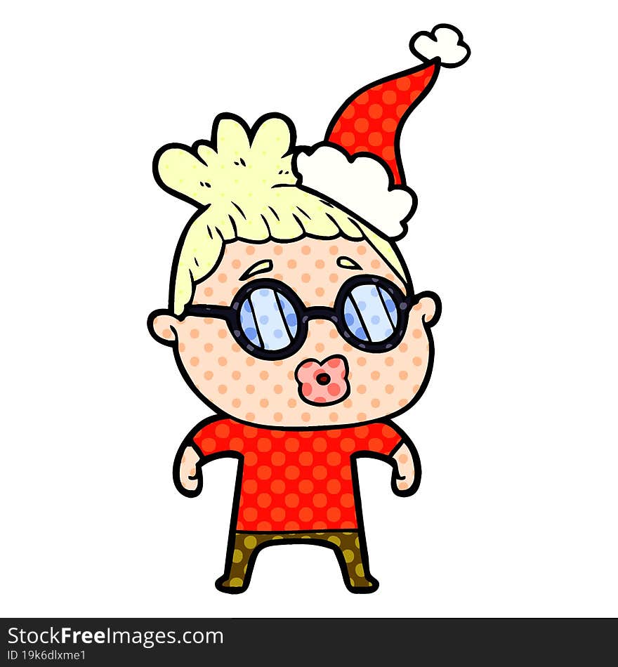 comic book style illustration of a woman wearing spectacles wearing santa hat