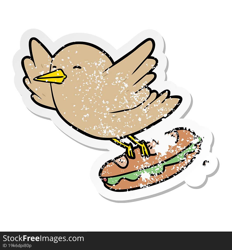 distressed sticker of a cartoon bird stealing sandwich