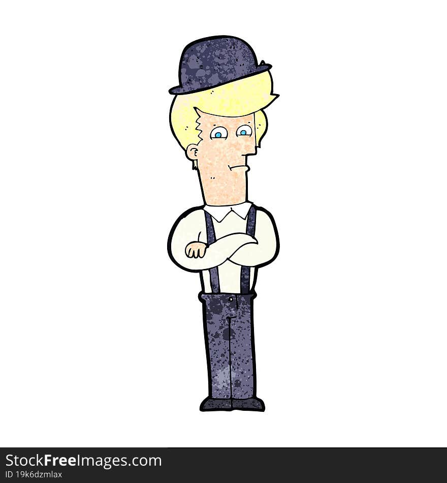 cartoon man in bowler hat with crosssed arms