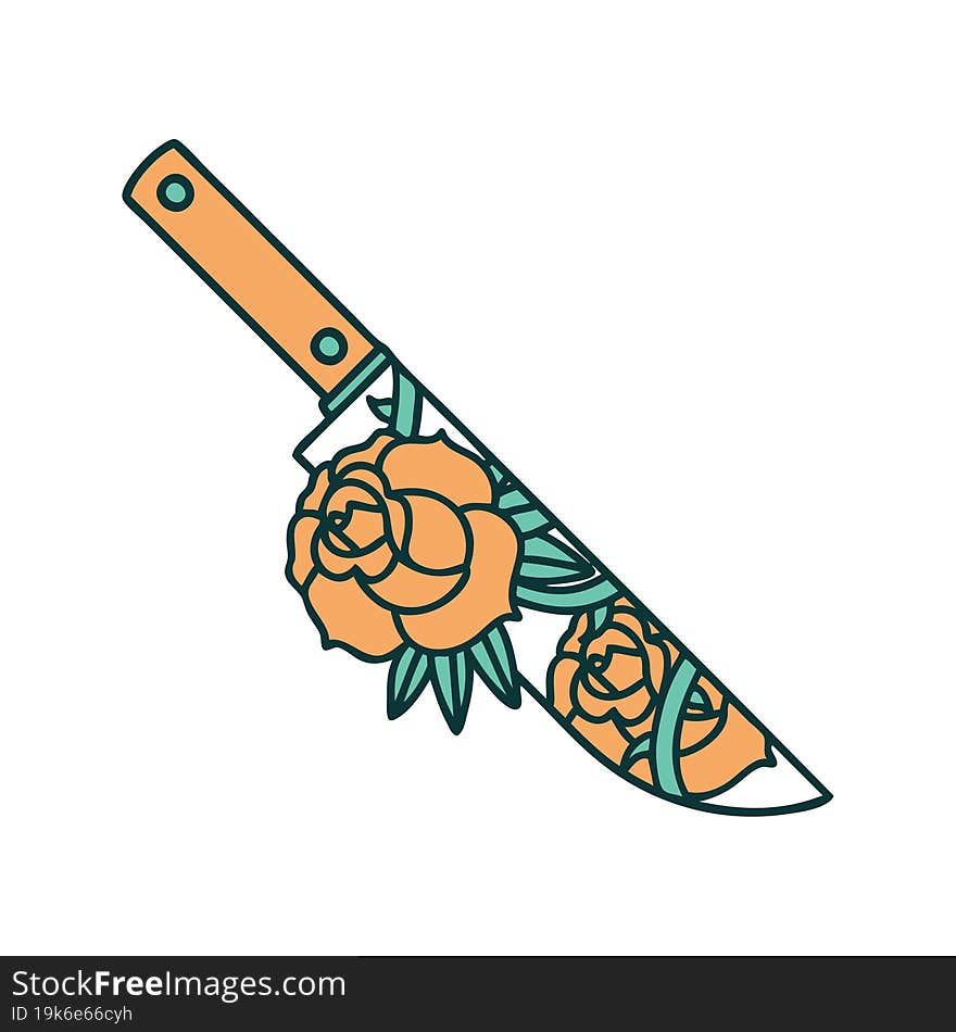 iconic tattoo style image of a dagger and flowers. iconic tattoo style image of a dagger and flowers