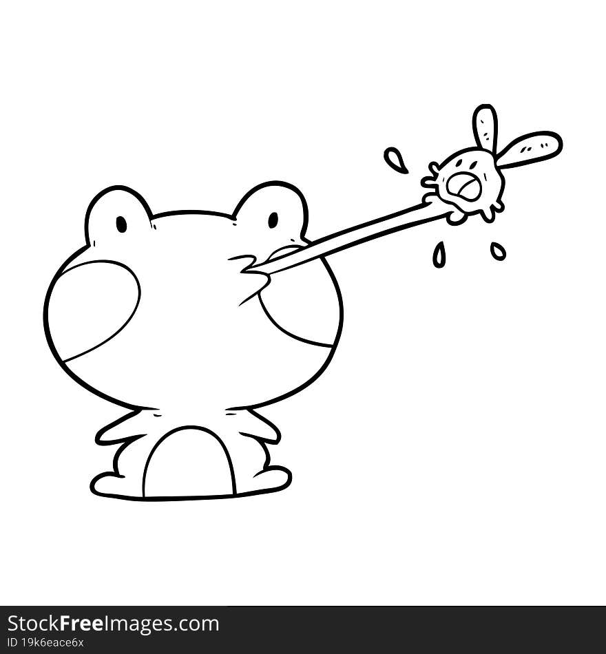 cute line drawing of a frog catching fly with tongue. cute line drawing of a frog catching fly with tongue