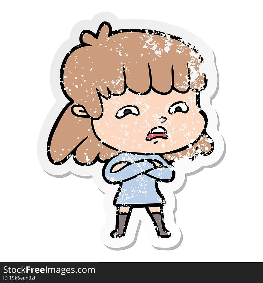 distressed sticker of a cartoon worried woman