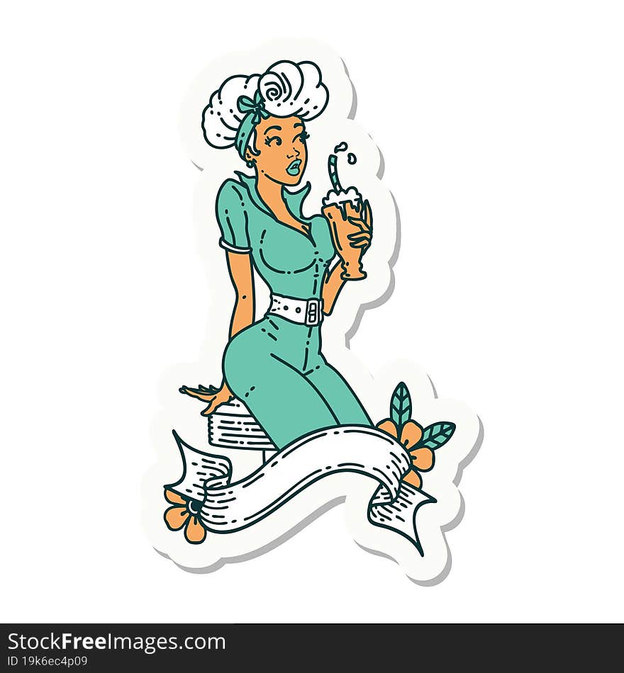 tattoo sticker of a pinup girl drinking a milkshake with banner