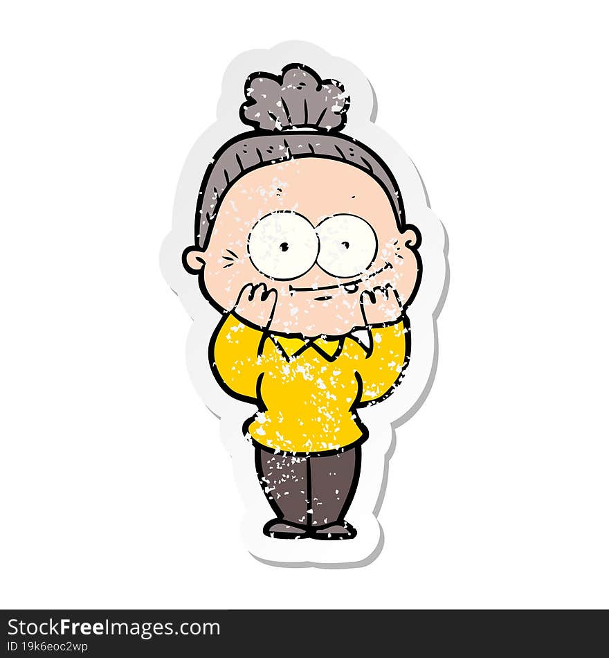 distressed sticker of a cartoon happy old woman