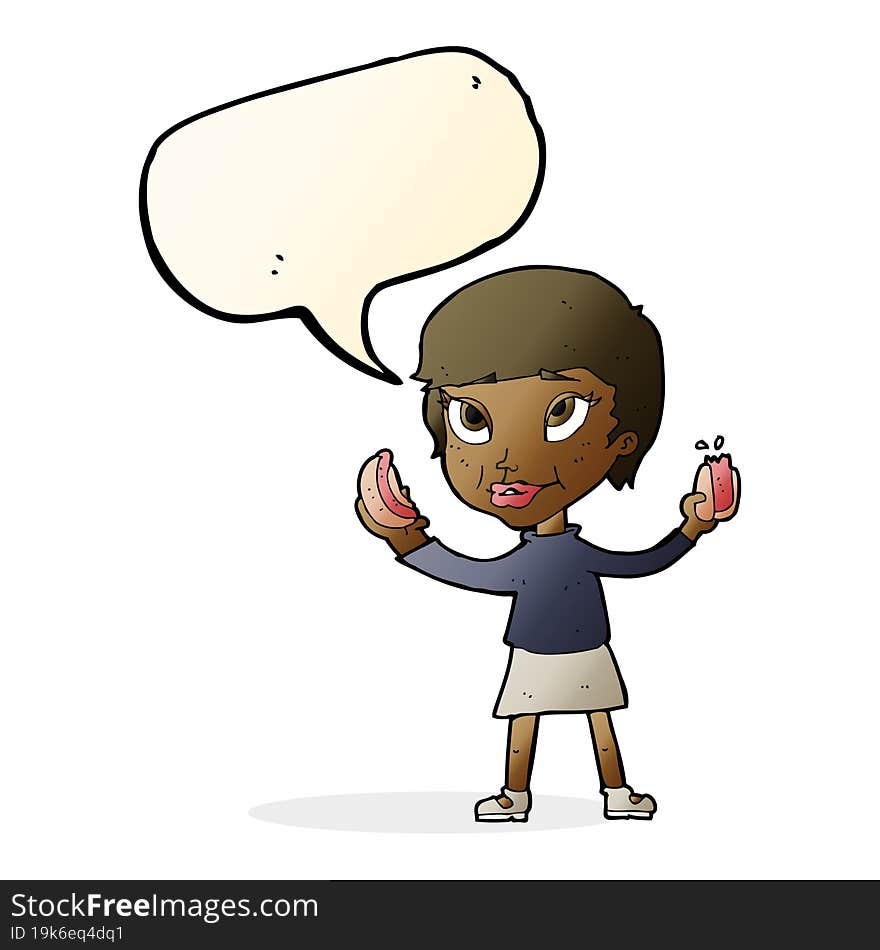 cartoon woman eating hotdogs with speech bubble