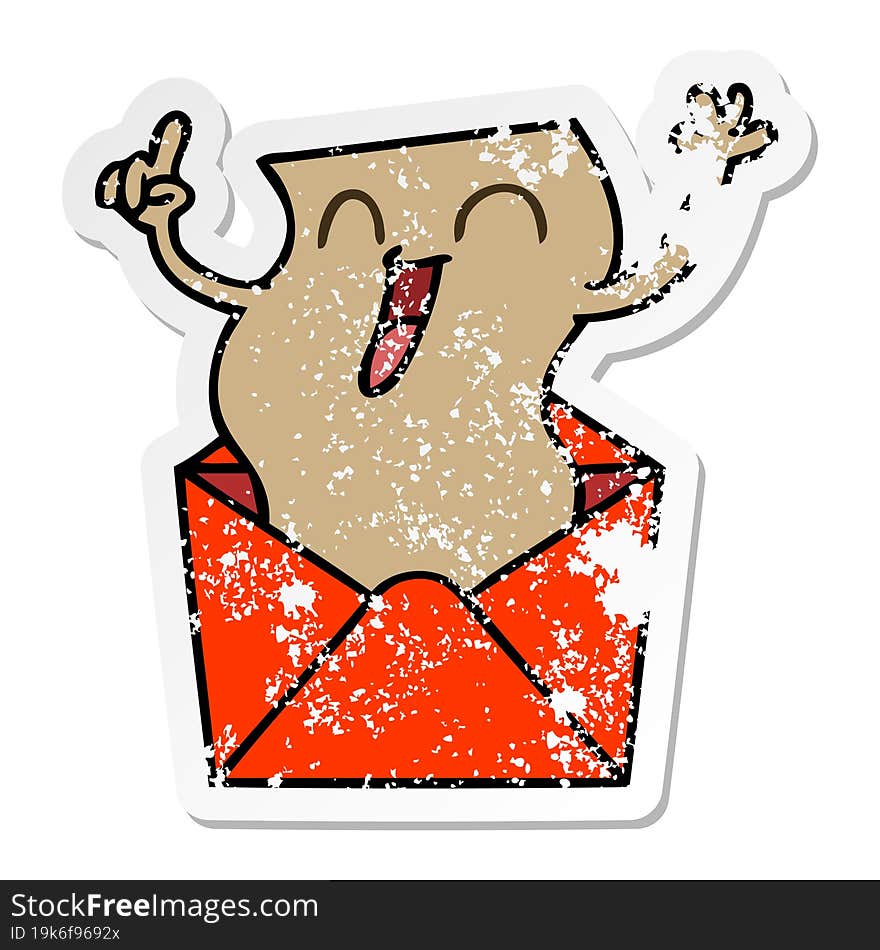 distressed sticker of a quirky hand drawn cartoon happy letter