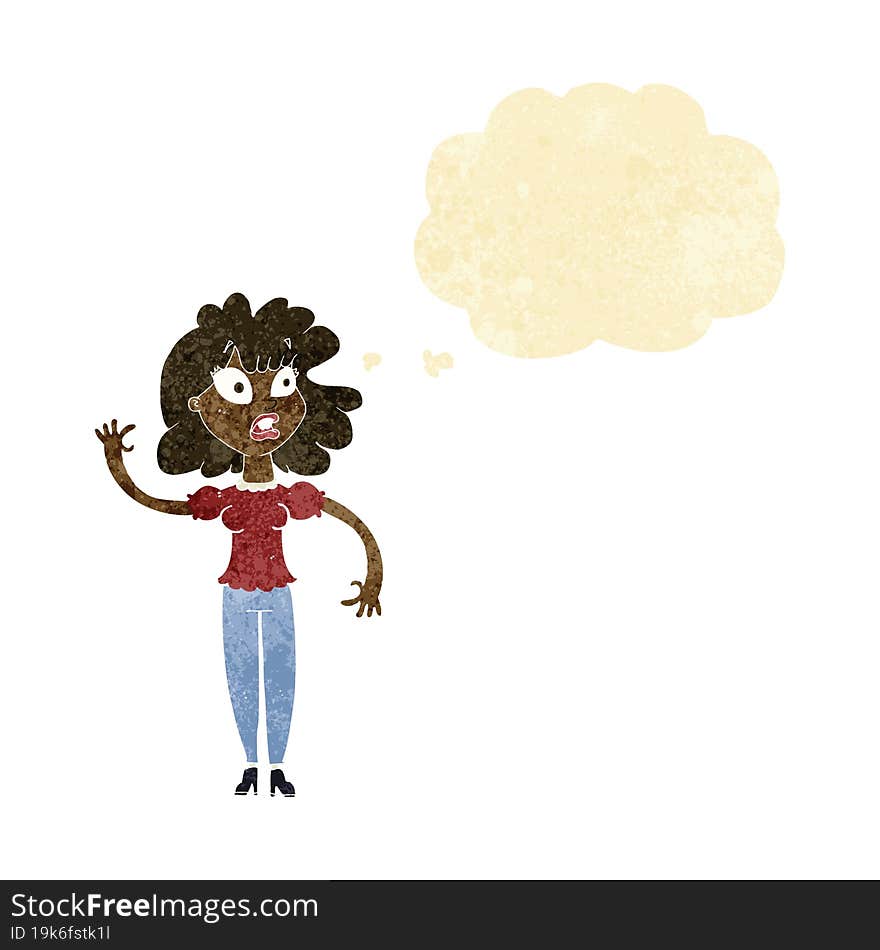 cartoon worried woman waving with thought bubble