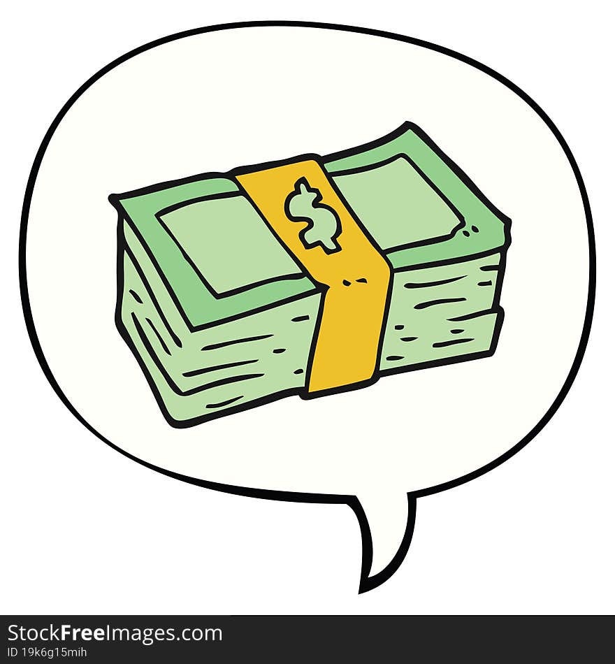 cartoon stack of cash and speech bubble