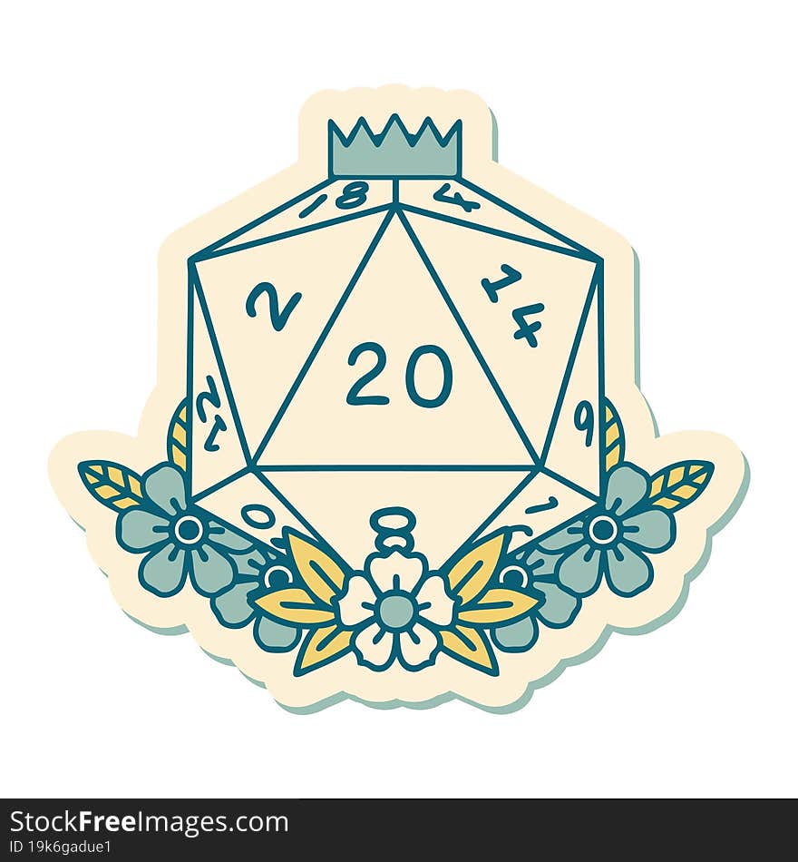 sticker of tattoo in traditional style of a d20. sticker of tattoo in traditional style of a d20