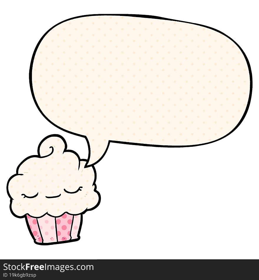 funny cartoon cupcake with speech bubble in comic book style