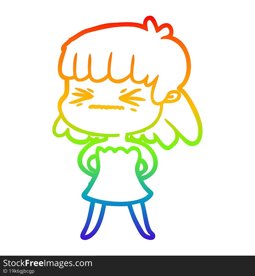 rainbow gradient line drawing of a cartoon angry girl