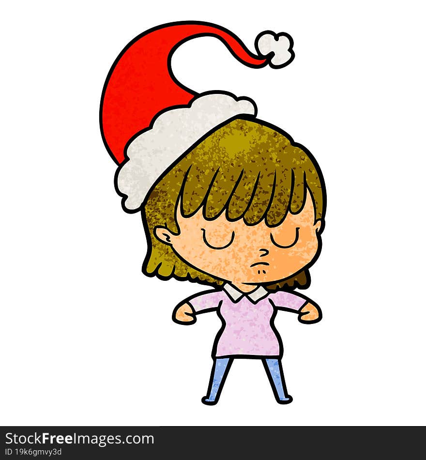 hand drawn textured cartoon of a woman wearing santa hat