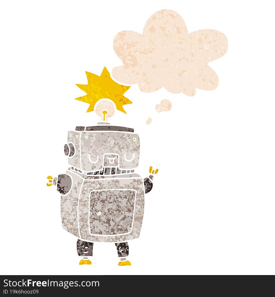 cartoon robot and thought bubble in retro textured style