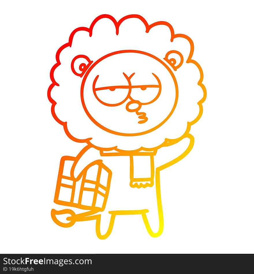 warm gradient line drawing cartoon tired lion with gift