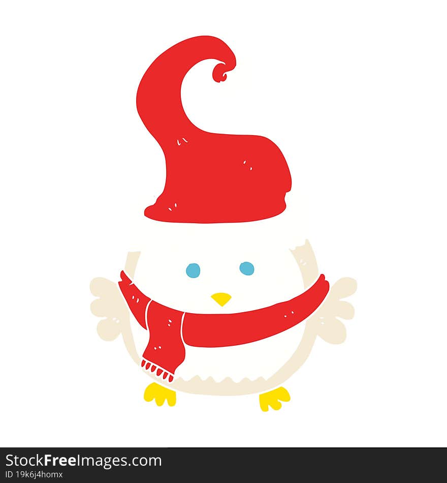 flat color illustration of a cartoon owl wearing christmas hat