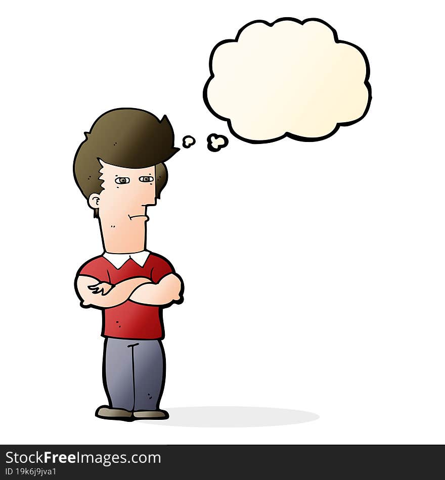 cartoon man with folded arms with thought bubble