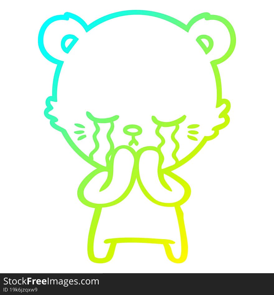 cold gradient line drawing of a crying cartoon bear