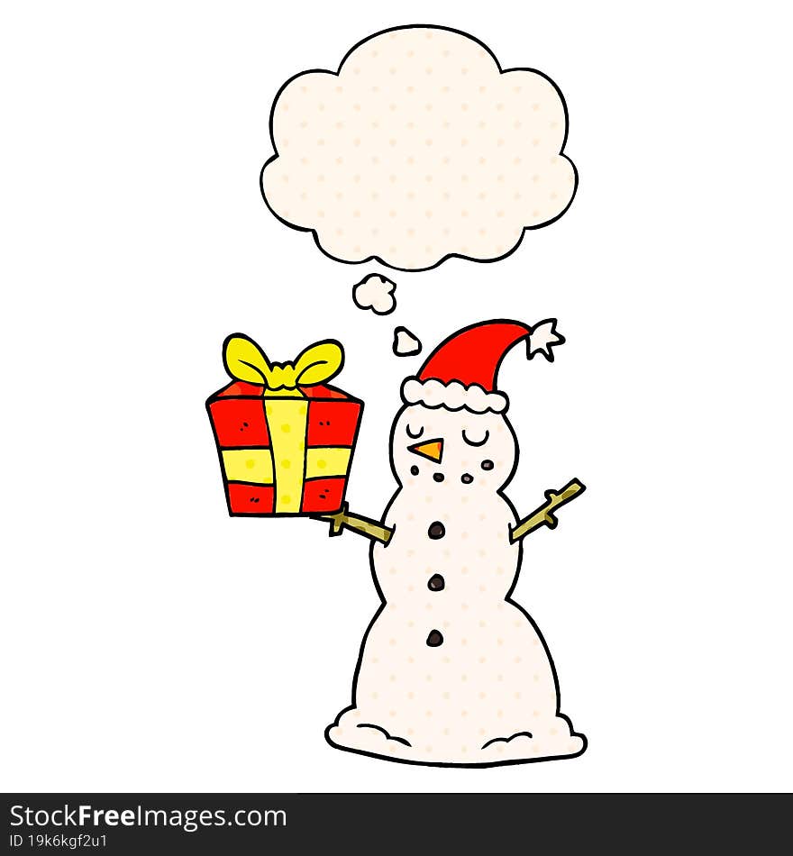 cartoon snowman with present and thought bubble in comic book style